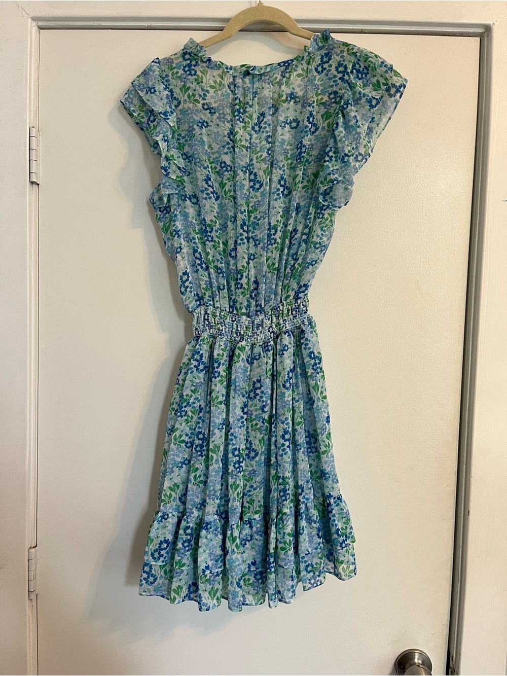 Shoshanna Edelie Dress Blue Green Floral V-Neck Ruffle Mini Dress size 8 - Picture 7 of 7